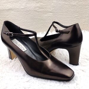 Calico High Tee Vintage Bronze Leather Upper Square Toe T-Strap Block Heel Shoe